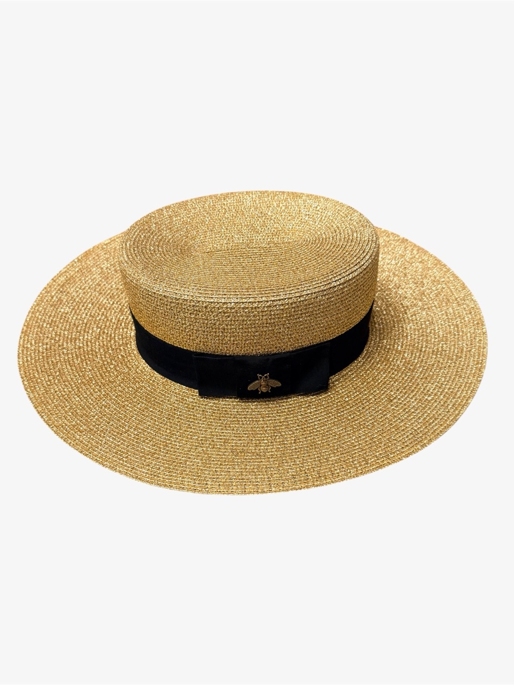 Gucci Lamé Metallic Gold Bee Boater Hat Wide Brim Black Ribbon Like New